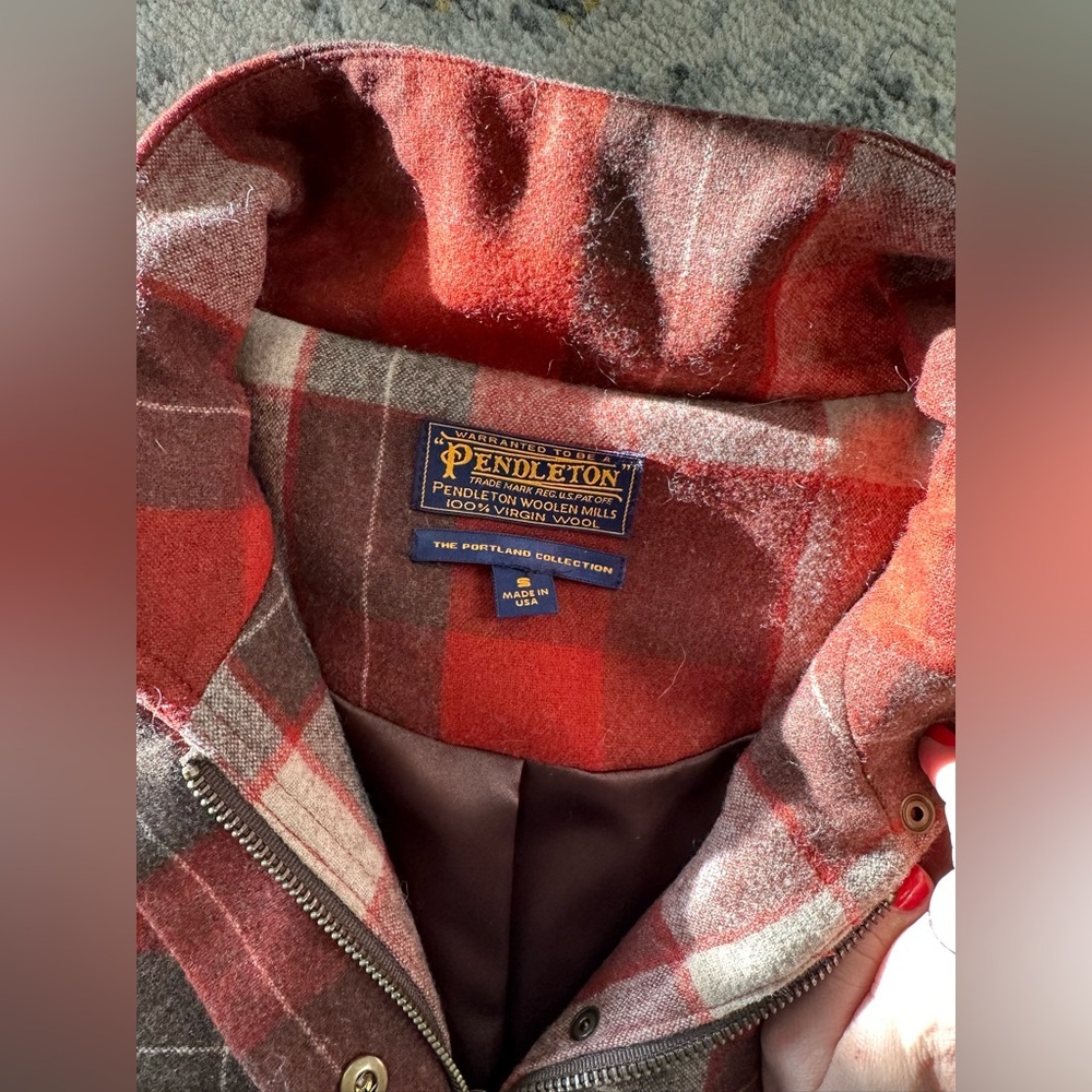 Pendleton Portland Collection 100 Wool Coat Red Brown Cream Plaid Made in USA S - Picture 4 of 7